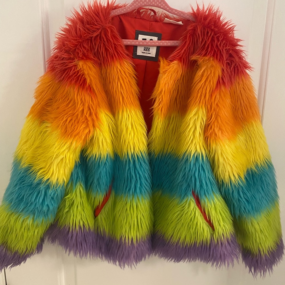 Cotton On Kids rainbow fur coat size 7-8 girls